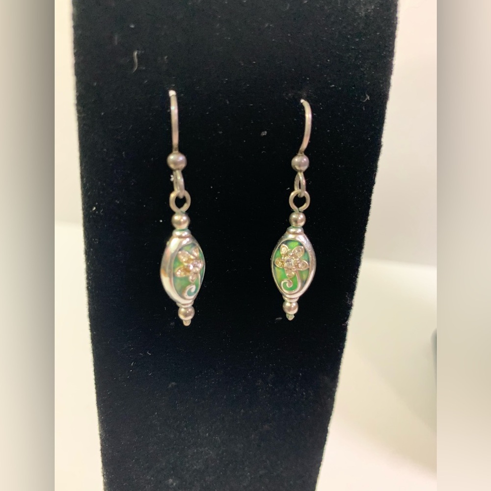 Vintage Silver and Green TearDrop Floral Dangle Earrings